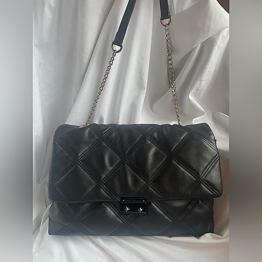 Betsey Johnson XO PHOEBE- Plush Quilted Black Canvas Shoulder Bag NWT